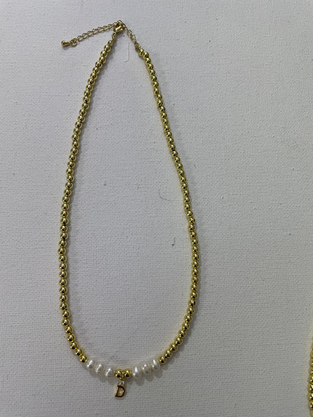 14"Gold Necklace w/2"extension & 6 white stone w/small gold letter D