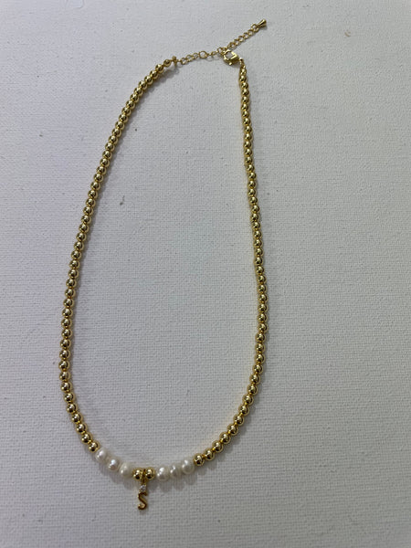 14"Gold Necklace w/2"extension & 6 white stone w/small gold letter S