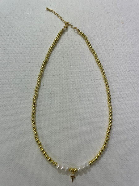 14"Gold Necklace w/2"extension & 6 white stone w/small gold letter T