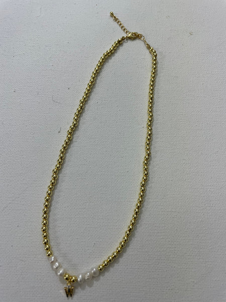 14"Gold Necklace w/2"extension & 6 white stone w/small gold letter W