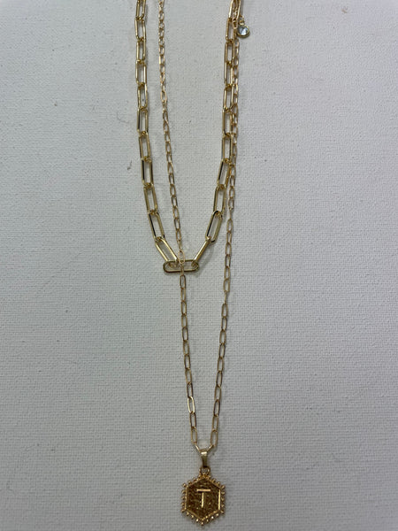 18" & 16" Double gold Necklace w/gold Hexagon Pendent w/gold letter T