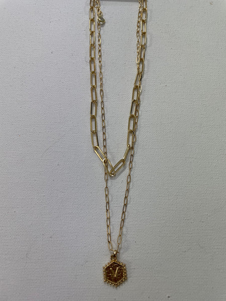 18" & 16" Double gold Necklace w/gold Hexagon Pendent w/gold letter V