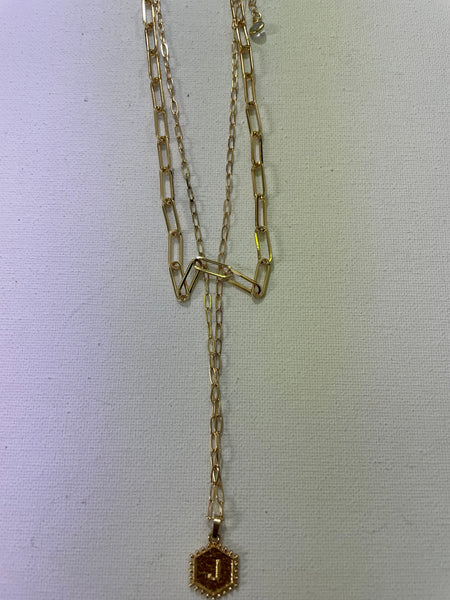 18" & 16" Double gold Necklace w/gold Hexagon Pendent w/gold letter J