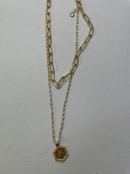 18" & 16" Double gold Necklace w/gold Hexagon Pendent w/gold letter F