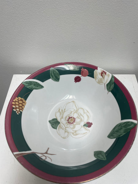9"Round White w/green-maroon Magnolia Serving Bowl