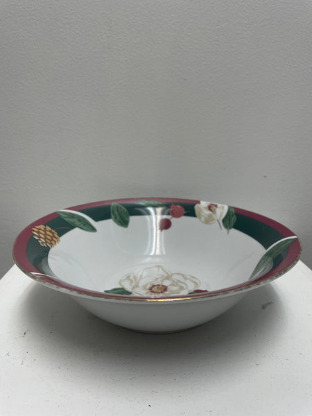 9"Round White w/green-maroon Magnolia Serving Bowl