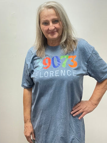 Florence Gildan T-Shirt w/zip code -gray-blue OhhMy! Gifts and Things, LLC