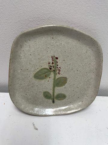 Tan/Green Stoneware w/stem and flower Dish