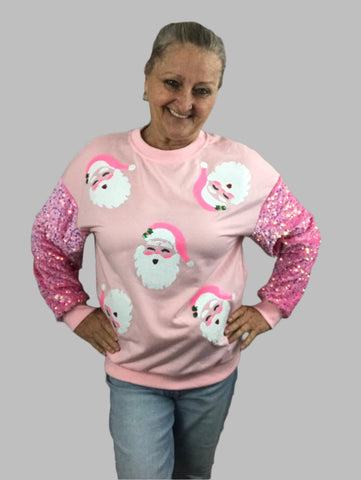 Pink Santa Sweatshirt w/Sequin Sleeves