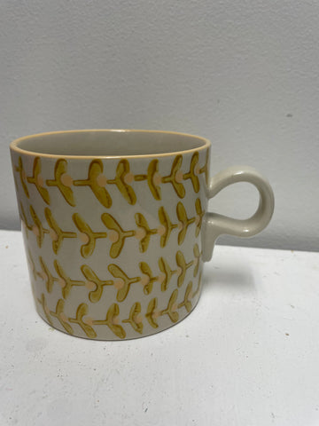 4"Round x 3 1/2" High Floral Hand Stamped Mug-Yellow/cream floral