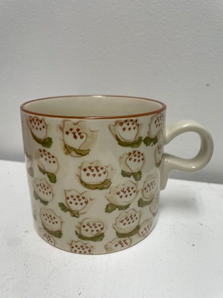 4"Round x 3 1/2" High Floral Hand Stamped Mug-green/cream floral