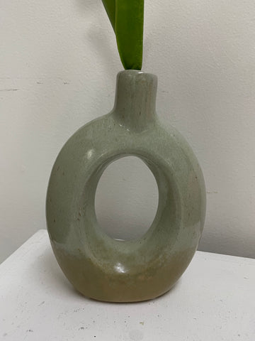 5"W green/tan stoneware 7"Tall Vase w/Oval Hole