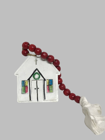 Small White Church w/String of Red Balls Ornament