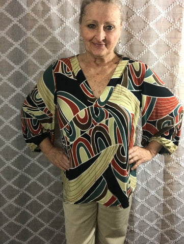 Beeson Rives Abstract V-Neck Bubble Sleeve Top