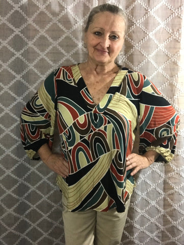 Beeson Rives Abstract V-Neck Bubble Sleeve Top Beeson Rives
