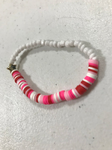 Stretch Bracelets-White Bead Strand w/pink/red/white w star