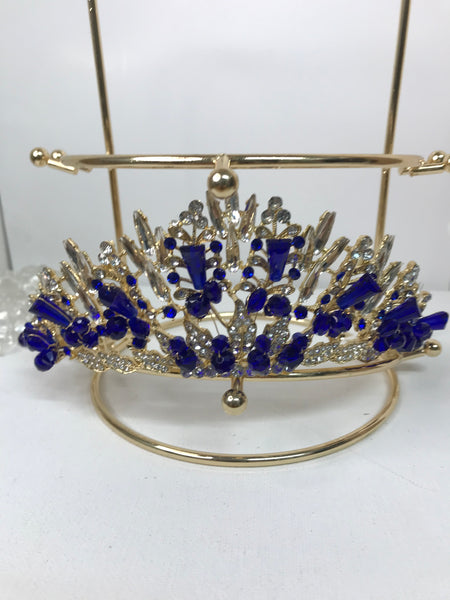 Big Bling Crown/Tiara-Gold Clear Crystal Blue Rhinestones