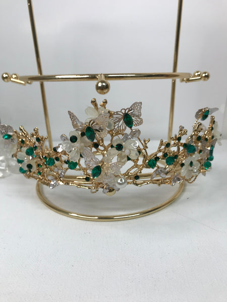 Big Bling Crown/Tiara-Gold Butterflies Emerald Green Rhinestones