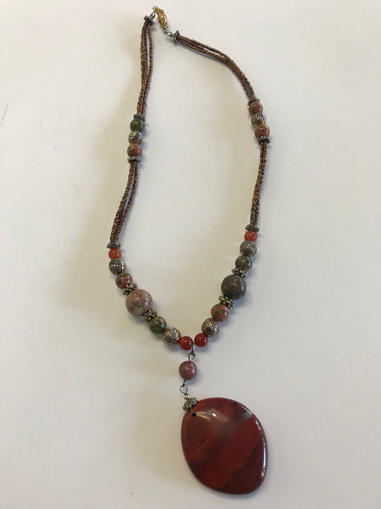 11"Copper Tone Necklace w/beads & Rust/Red Oval Pendent