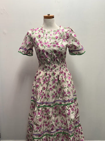 She + Sky Cream Floral Maxi Dress | Purple & Green | S–L Landon Ramsey-Maria Briones