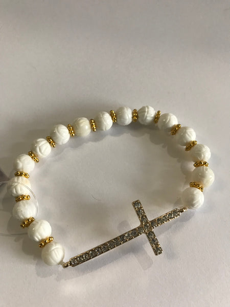 Stretch Bracelets-White Beads w/Gold Cross 