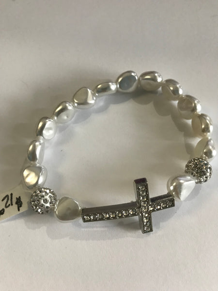 Stretch Bracelets-White Beads Silvr Cross