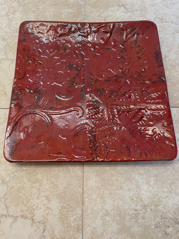 12"x12" Square Flat Handmade burnt orange pottery dish w/design OhhMy! Gifts and Things, LLC