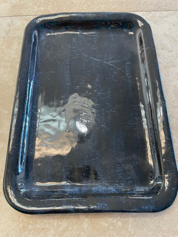7"x10" Handmade raised Black/blue w/tree rectangle Pottery Dish