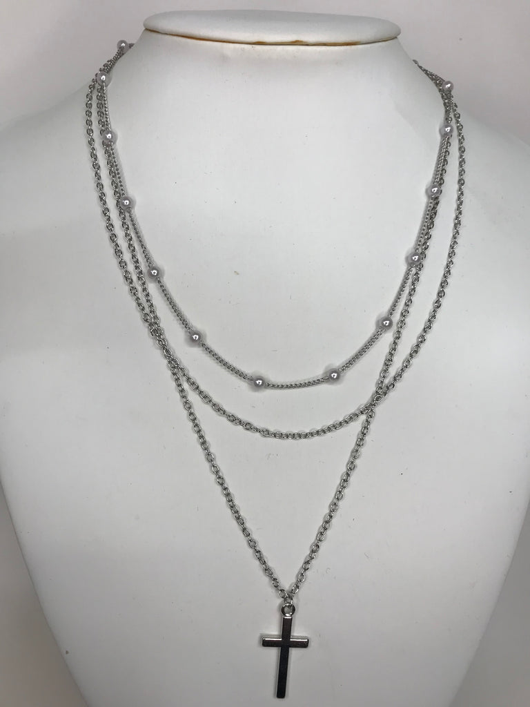 Silver Triple Layer 10" w/small Pearl/w Cross Necklace