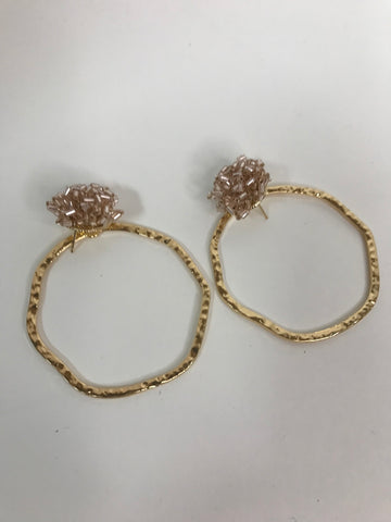 Large Gold Hoops w/beige cluster