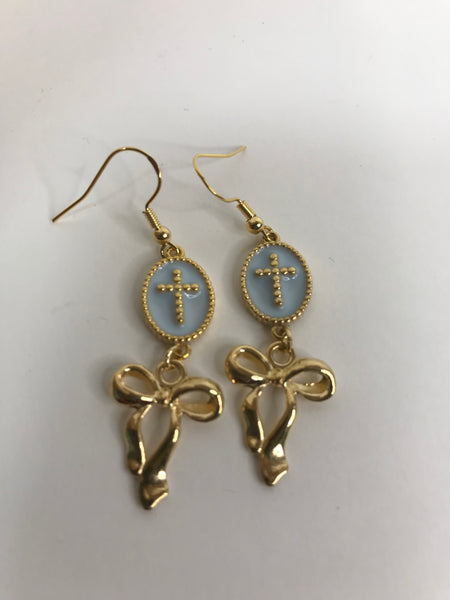 Gold Beaded Cross w/blue Bow Earrings