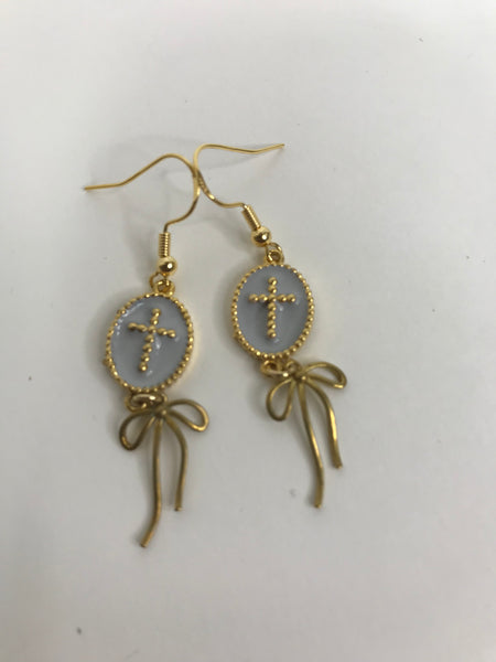 Gold Beaded Cross w/Gold Bow Earrings