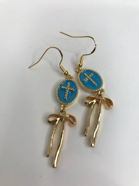 Gold Beaded Cross w/Blue long Bow Earrings-