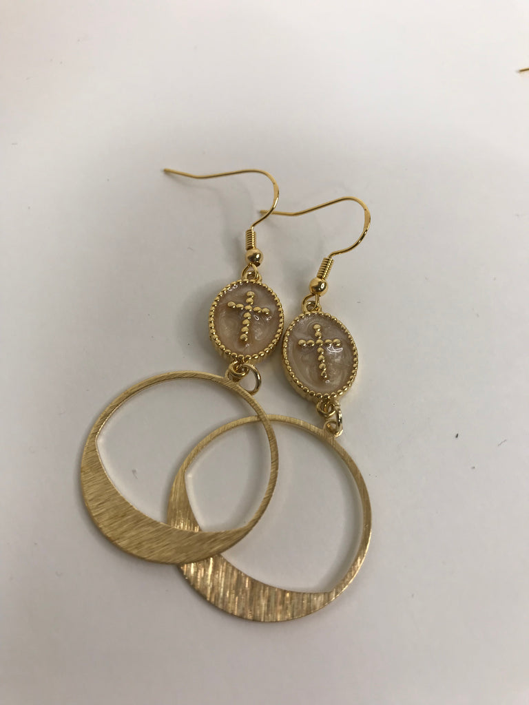 Beige Dotted Cross w/dangle Hoop Earring