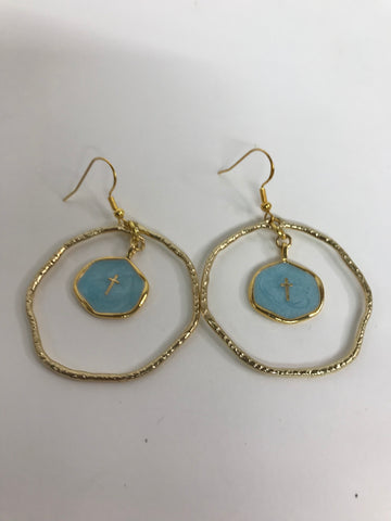 Blue Enamel Gold Cross in Gold Hoop