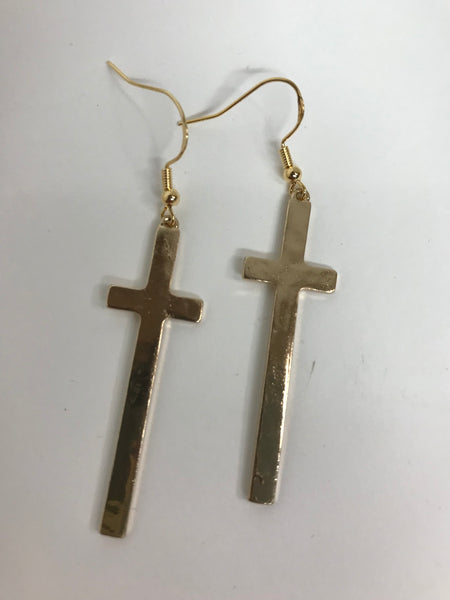 Cross Earrings-Long Gold 