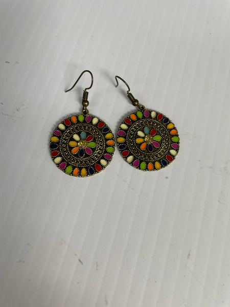 Mosaic Earrings-round multicolor w/flower