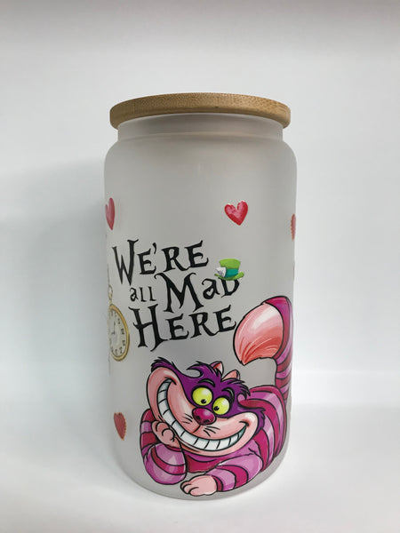 12 oz.Glass Cups-We're all Mad Here White w/cat & hearts