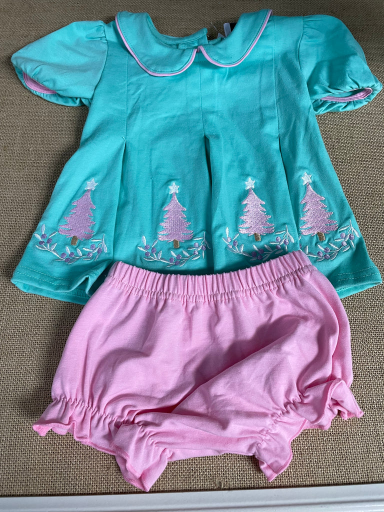 Kids Mint Green/pink christmas tree Bloomer Set Natasha May