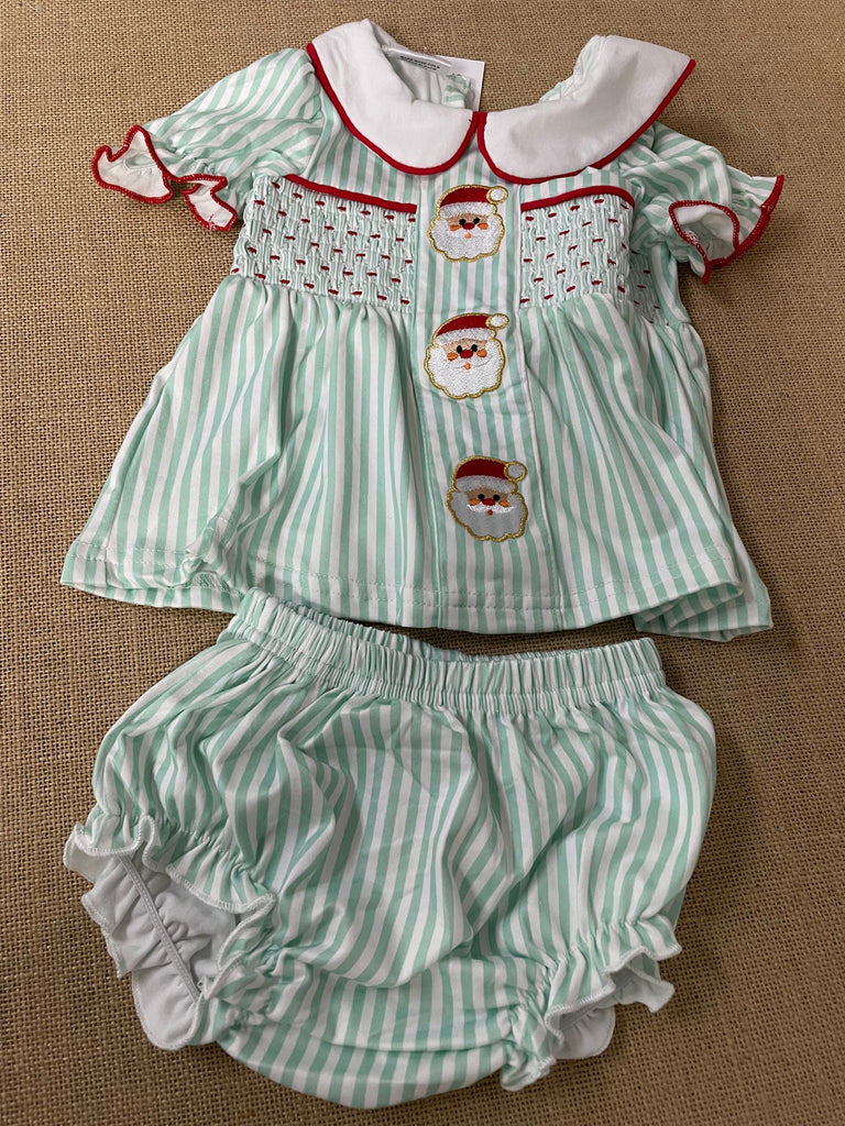 Baby girls Mint green/white stripe bloomer set w/santa