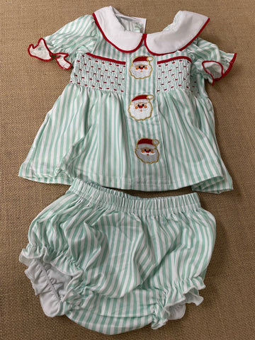 Baby girls Mint green/white stripe bloomer set w/santa