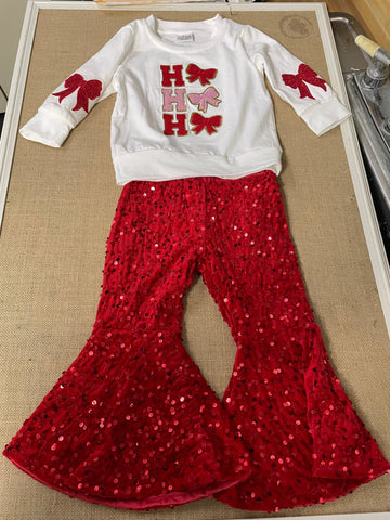 Girls white top w/bows Red sequin flared pants