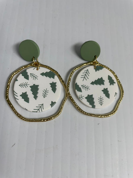 Christmas Tree Earrings Kendra Schrader-large green stud with dangle gold circle round white middle with green trees