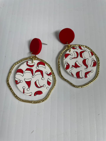 Christmas 2" red stud w/round gold circle w/white round w/red Santa hat earrings