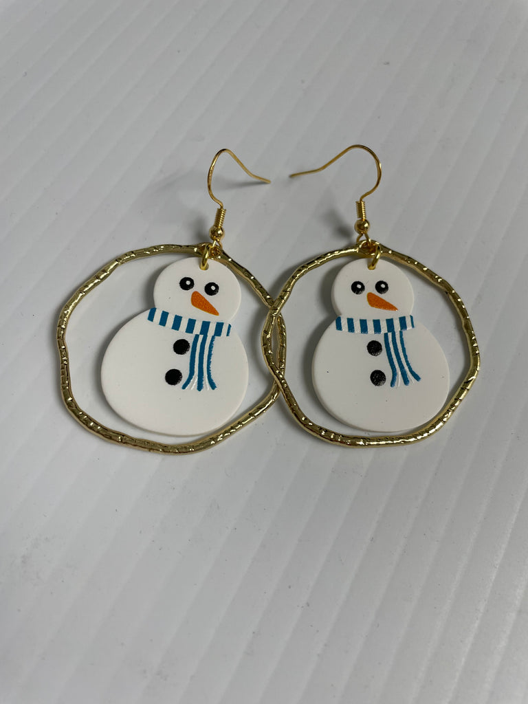 Christmas 2" gold round Dangle w/snowman earrings