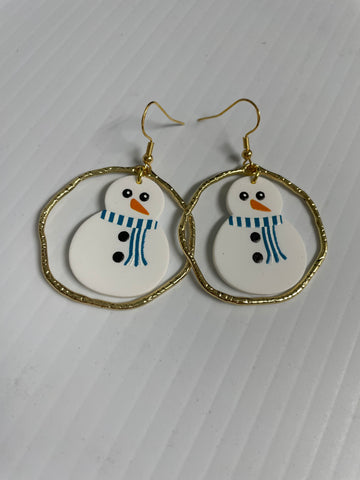 Christmas 2" gold round Dangle w/snowman earrings