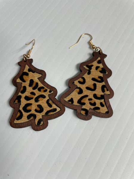 Christmas Tree Earrings Kendra Schrader-wood brown dangle with leopard print tan/black