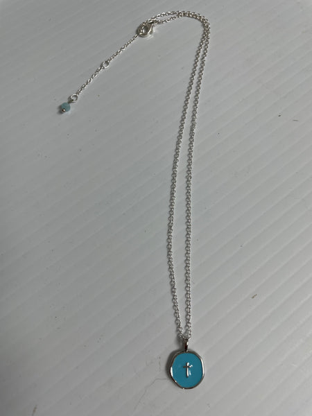 Cross Necklaces-16"silver w/blue round pendent w/small silver cross