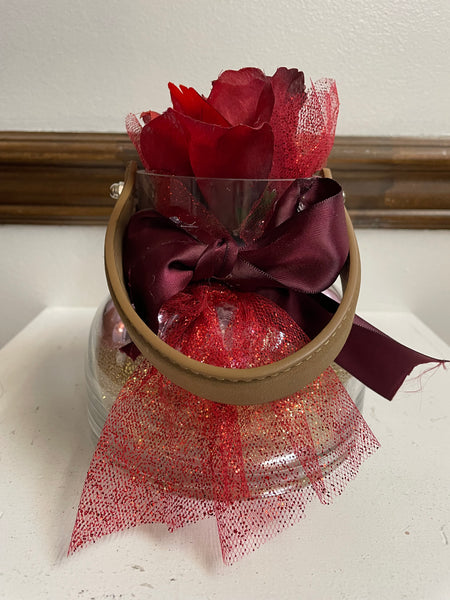 Decorative Christmas Shelf Sitter decor-PINK ORANAMENTS WITH RED BOW IN GLASS W/LEATHER HANDLE