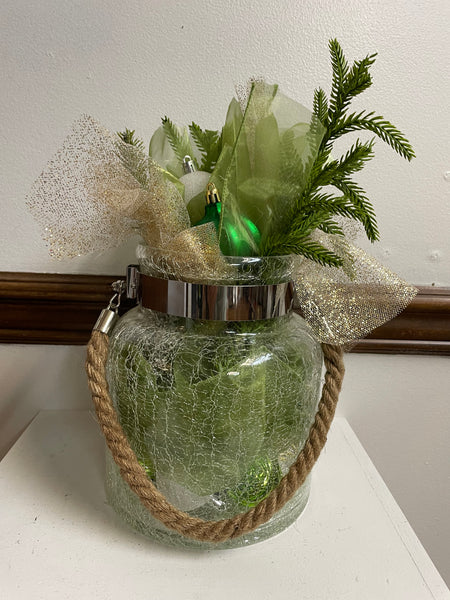 Decorative Christmas Shelf Sitter decor-GLASS JAR WITH GOLD BOWE GREEN BRANCH W/ROPE HANDLE